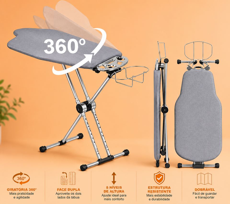 Tábua de Passar Roupas 360° Premium – Giratória, Face Dupla, 8 Níveis de Altura e Máxima Praticidade