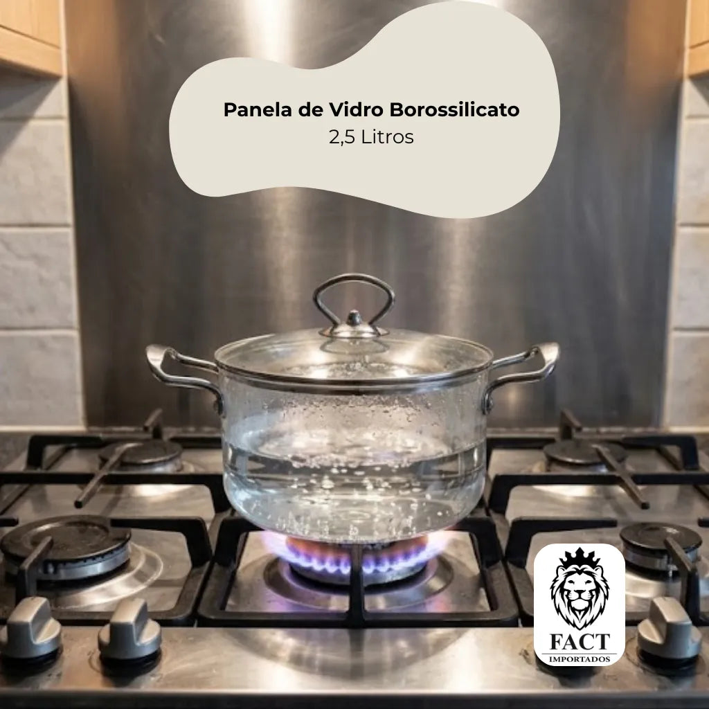 Panela de Vidro Borossilicato 2,5L com Tampa e Alças de Aço Inox