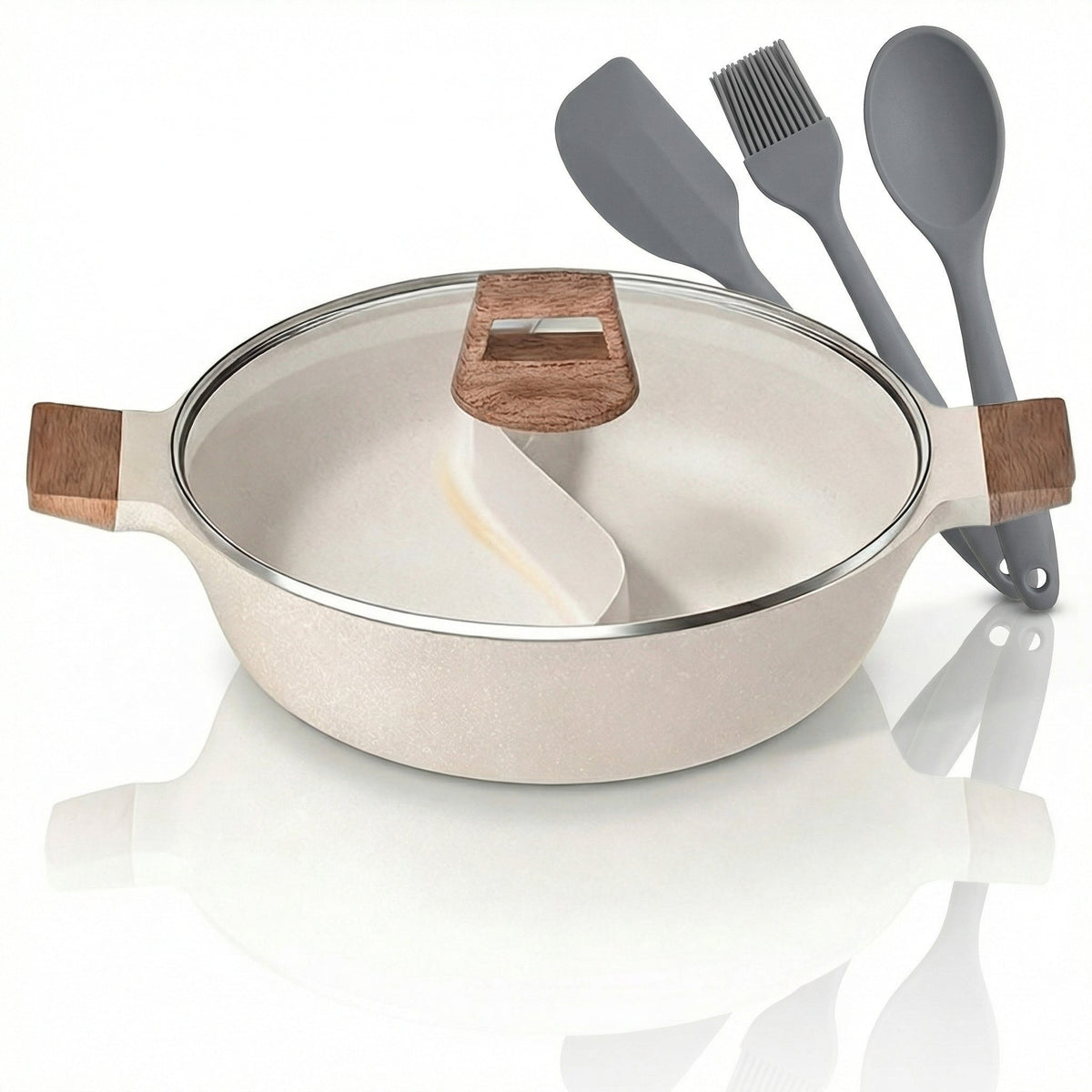 Panela Dupla Divisória Antiaderente + Kit Utensílios em Silicone